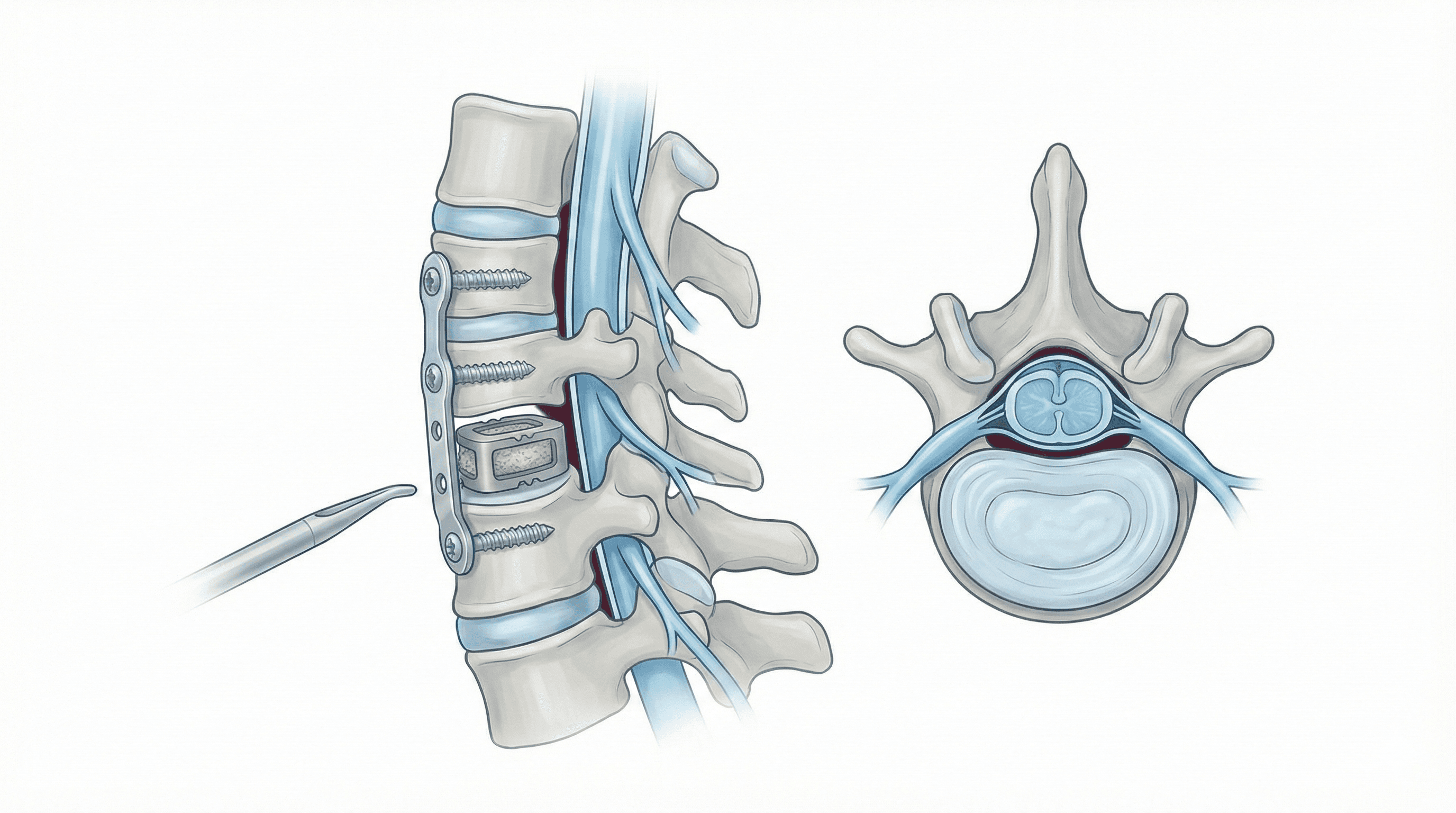 Ilustración de discectomía cervical anterior con fusión para estabilizar el segmento.
