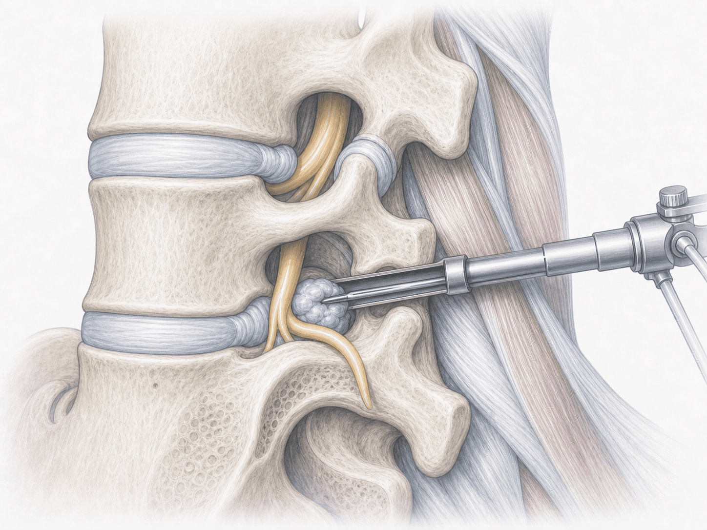 Endoscopic lumbar discectomy illustration: transforaminal endoscope removing an L5-S1 disc herniation through a 7 mm incision.