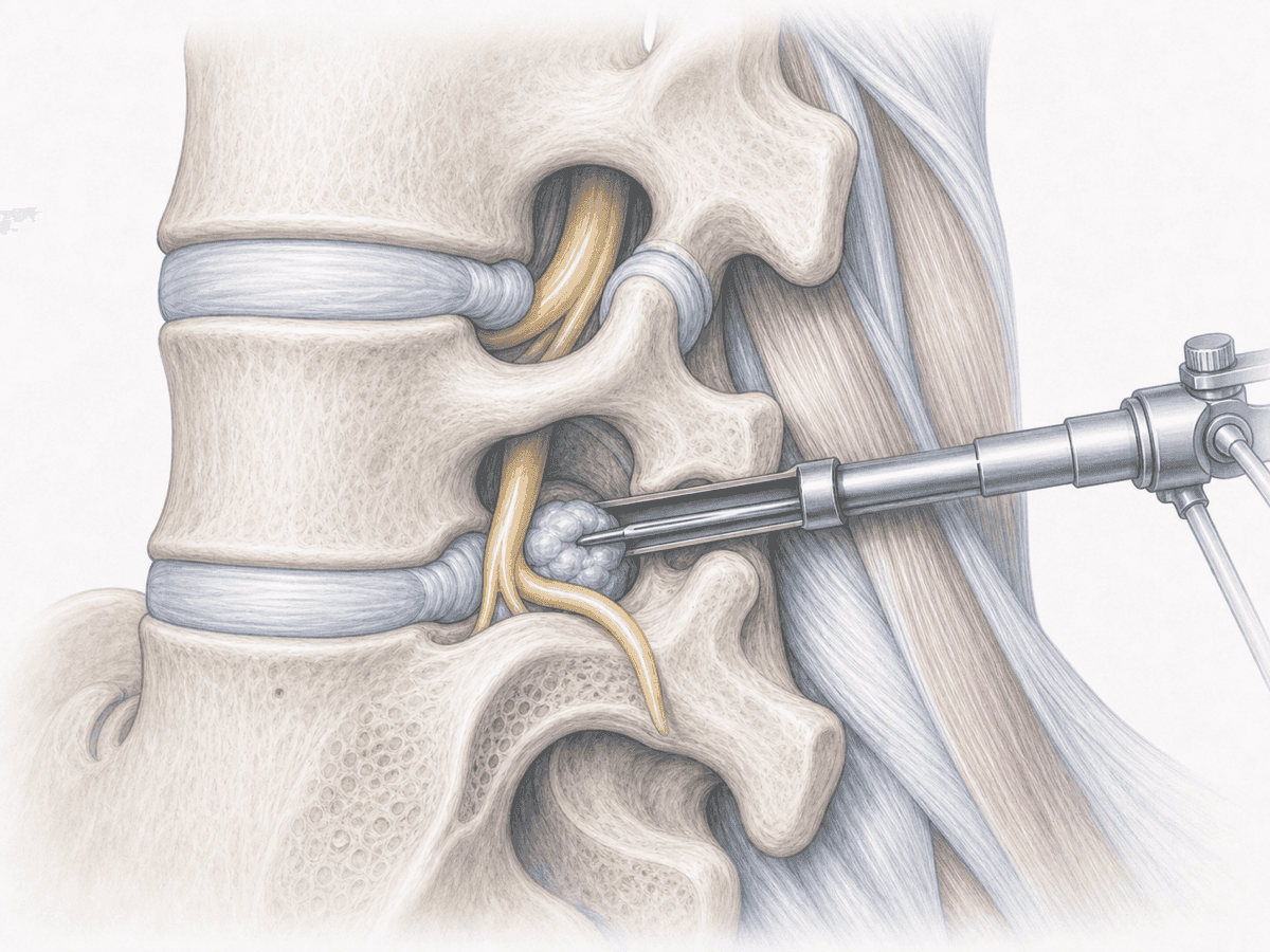 Ilustración de discectomía lumbar endoscópica: endoscopio transforaminal retirando una hernia L5-S1 a través de una incisión de 7 mm.