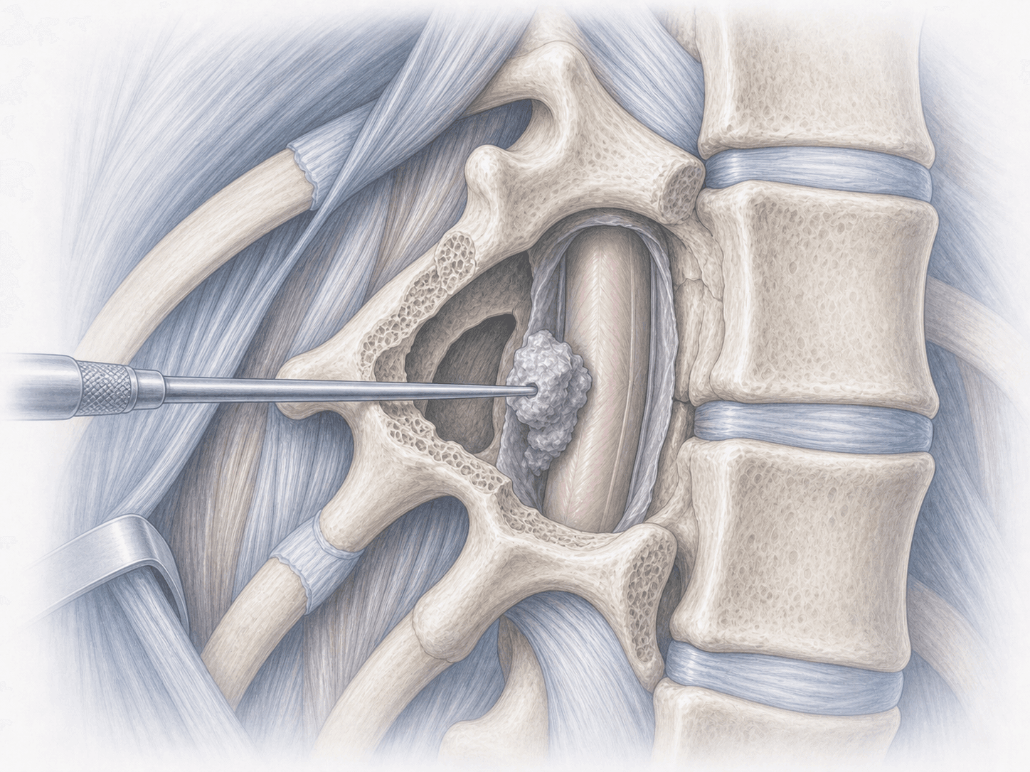Ilustración de discectomía torácica por abordaje posterolateral retirando una hernia discal calcificada sin manipular la médula.