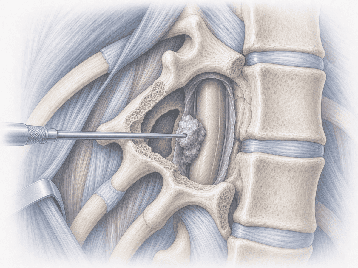 Ilustración de discectomía torácica por abordaje posterolateral retirando una hernia discal calcificada sin manipular la médula.
