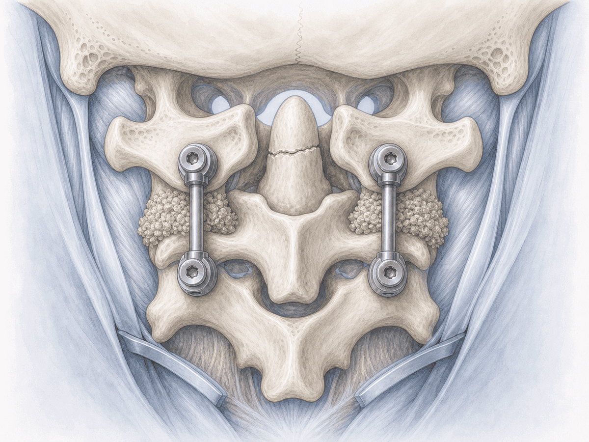 Anatomische Illustration der oberen Halswirbelsäule mit einer Dens-Fraktur, stabilisiert durch eine dorsale C1-C2-Fixation (Goel-Harms): Schrauben in der Massa lateralis C1 und im Pedikel C2, verbunden durch Titanstäbe.