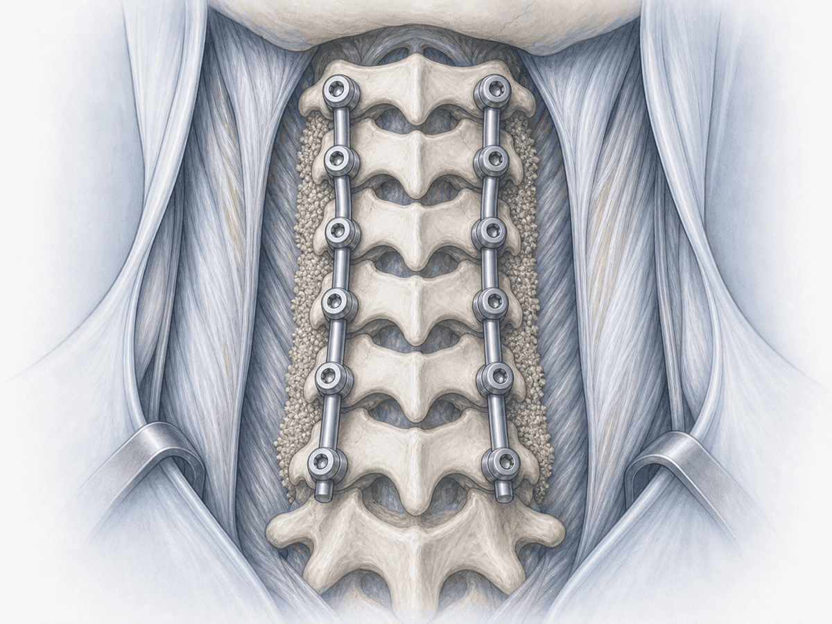 Posterior cervical fixation illustration with lateral mass screws and rods after a post-traumatic ligamentous injury of the cervical spine.