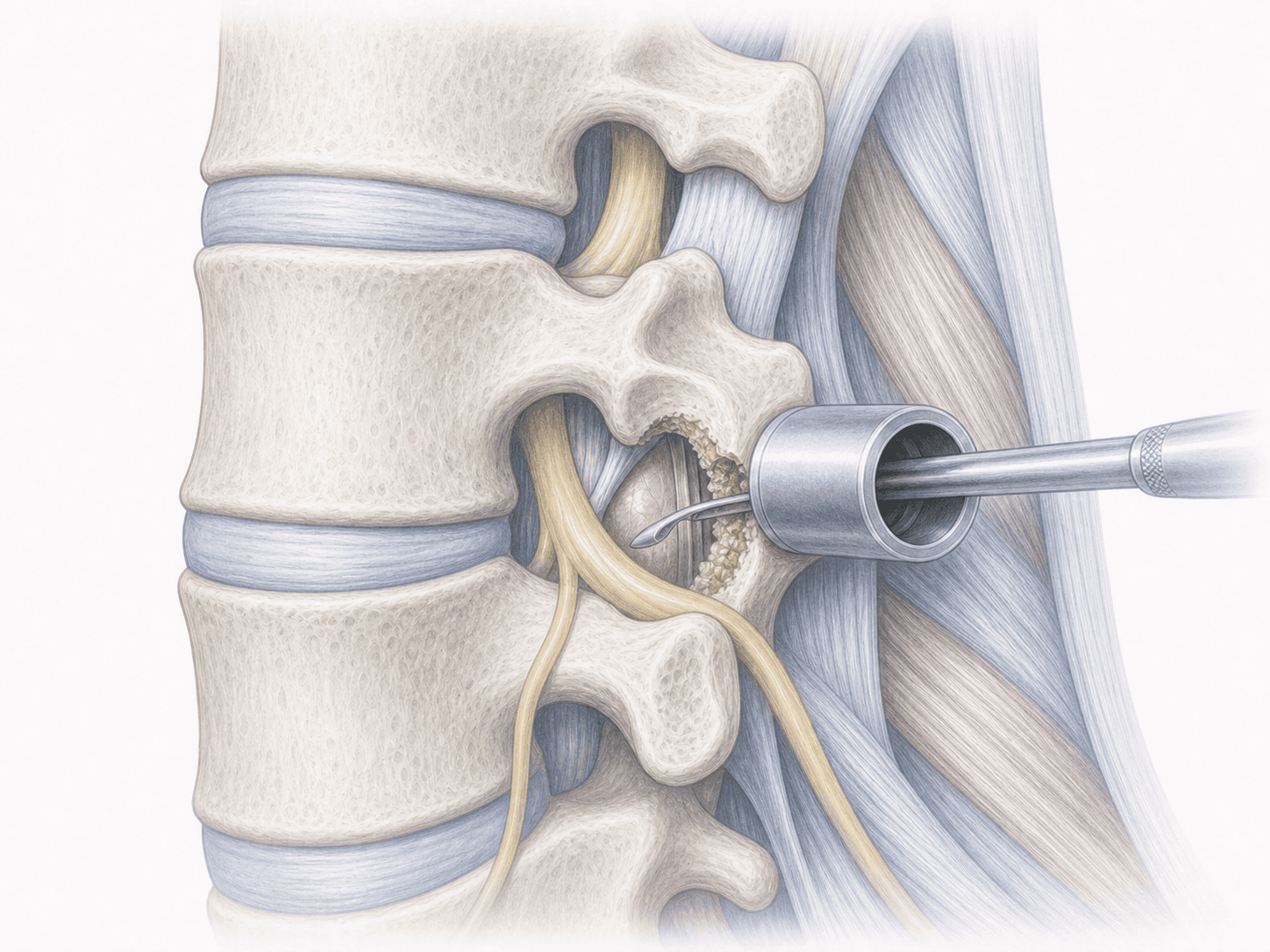 Ilustración de foraminotomía lumbar: apertura del foramen lumbar para liberar la raíz nerviosa comprimida preservando la faceta articular.