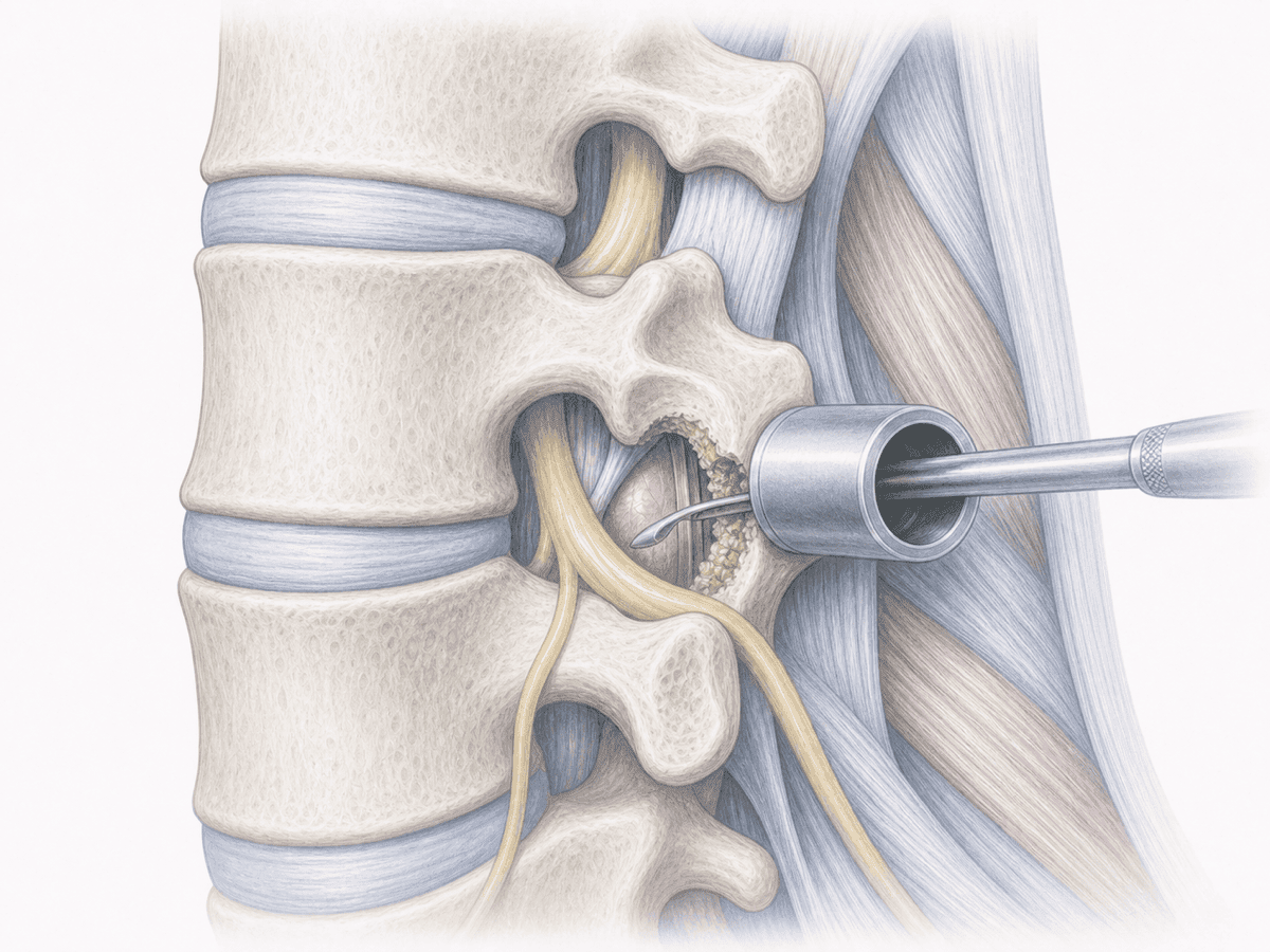 Ilustración de foraminotomía lumbar: apertura del foramen lumbar para liberar la raíz nerviosa comprimida preservando la faceta articular.