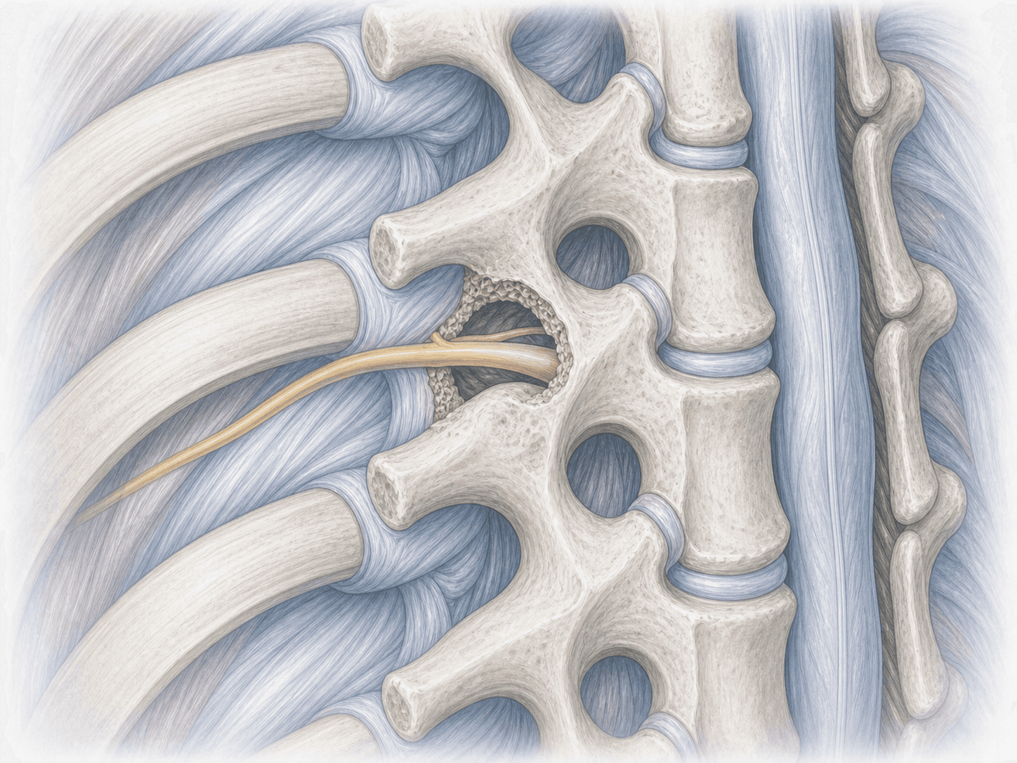 Ilustración de foraminotomía torácica posterolateral con apertura del foramen para liberar la raíz intercostal comprimida.