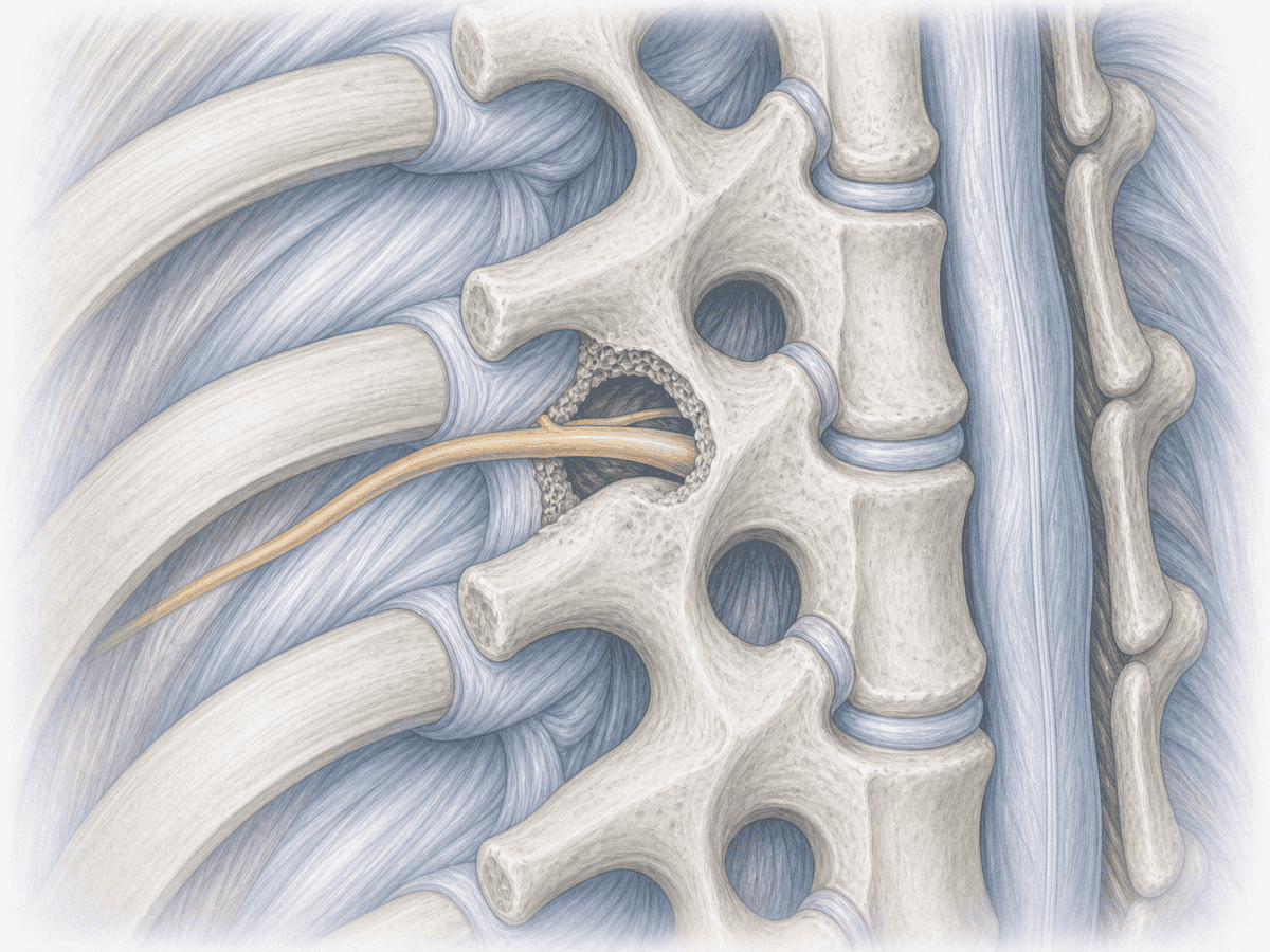 Ilustración de foraminotomía torácica posterolateral con apertura del foramen para liberar la raíz intercostal comprimida.