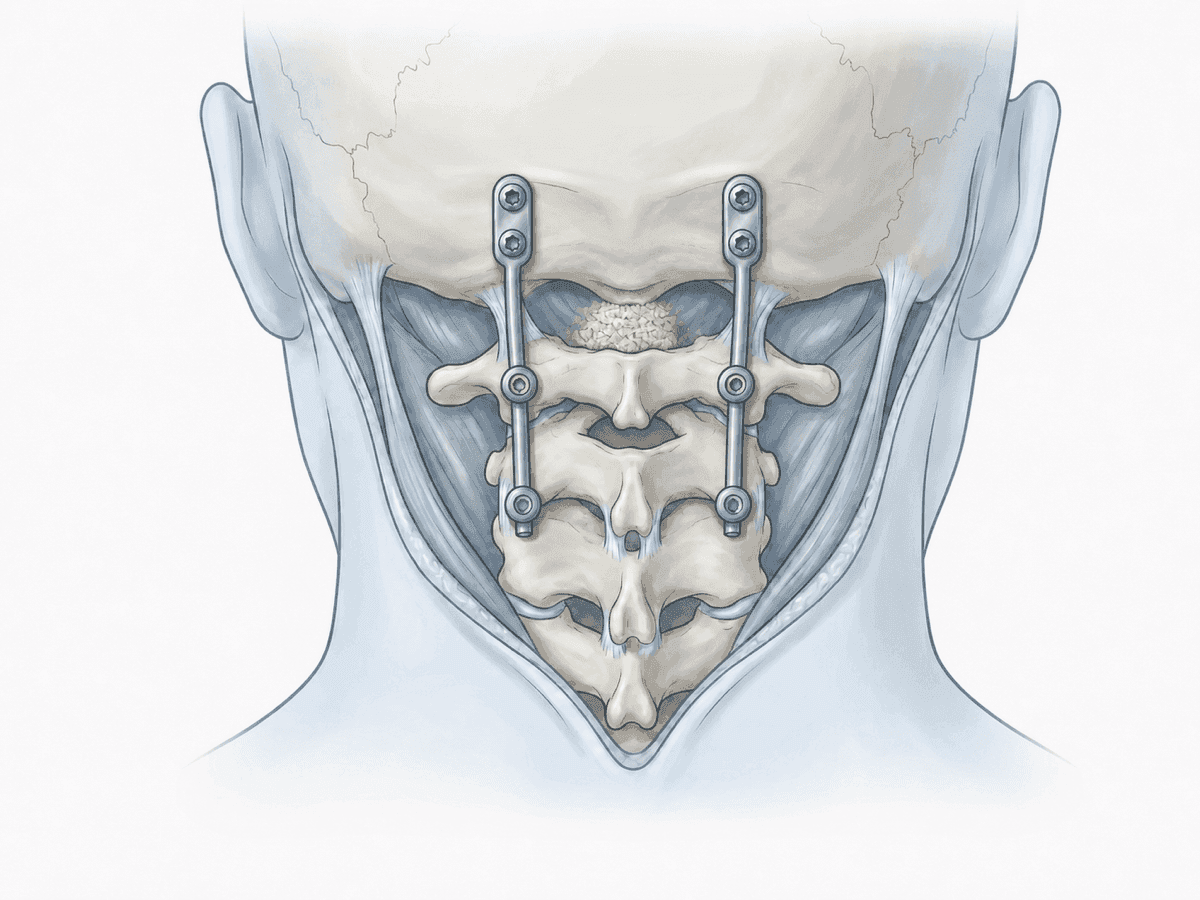 Ilustración de fusión occipitocervical con placa occipital, tornillos C1–C2 y barras estabilizando la unión cráneo-cervical.