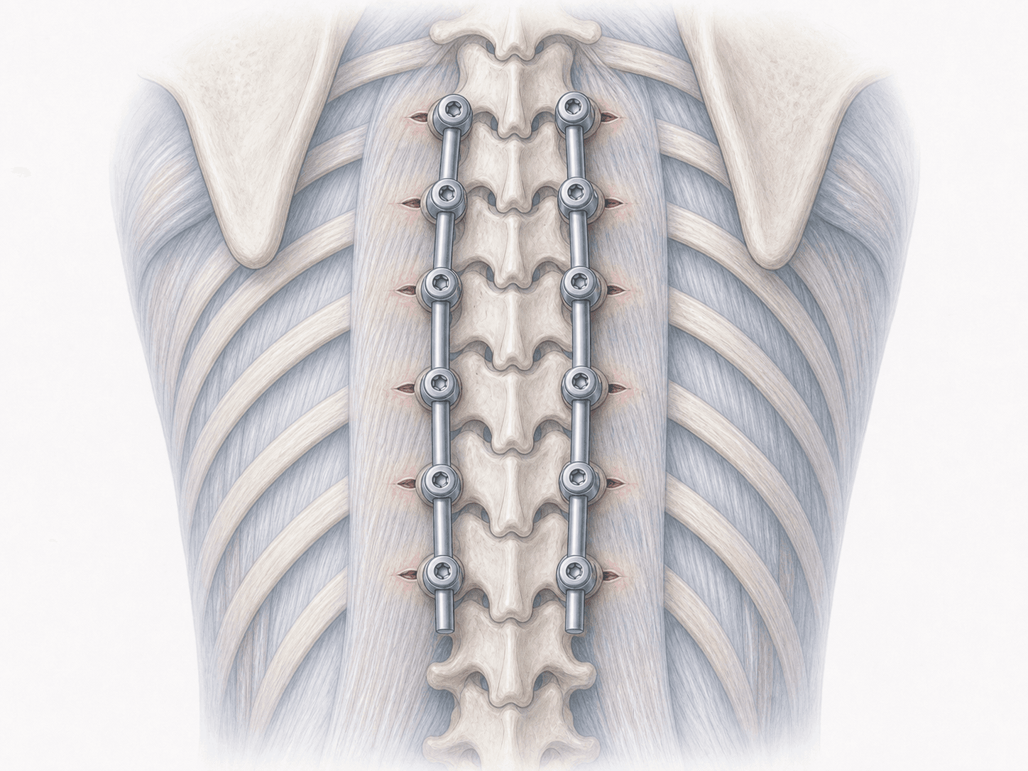 Illustration der perkutanen thorakalen Instrumentation mit Pedikelschrauben, die über kleine Hautschnitte und intraoperative Navigation eingebracht werden.