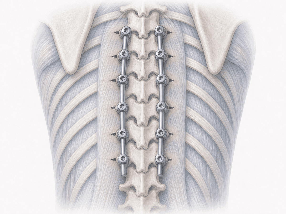 Illustration der perkutanen thorakalen Instrumentation mit Pedikelschrauben, die über kleine Hautschnitte und intraoperative Navigation eingebracht werden.