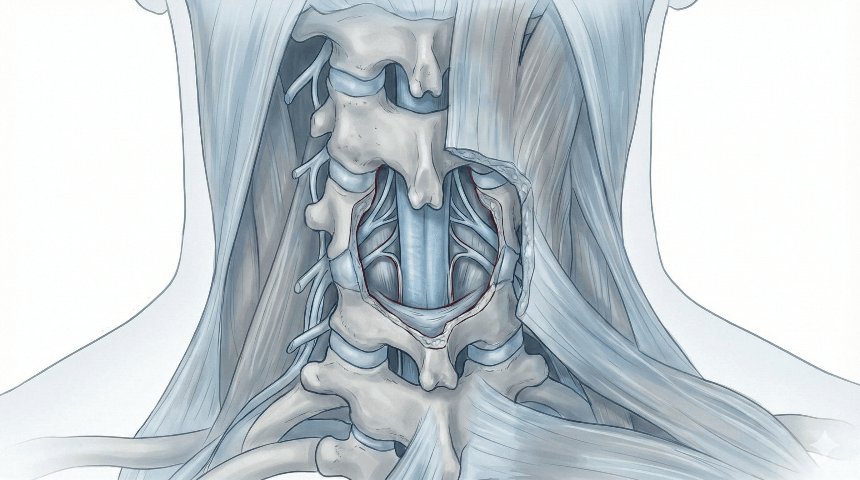 Ilustración de laminectomía cervical para ampliar el canal medular.