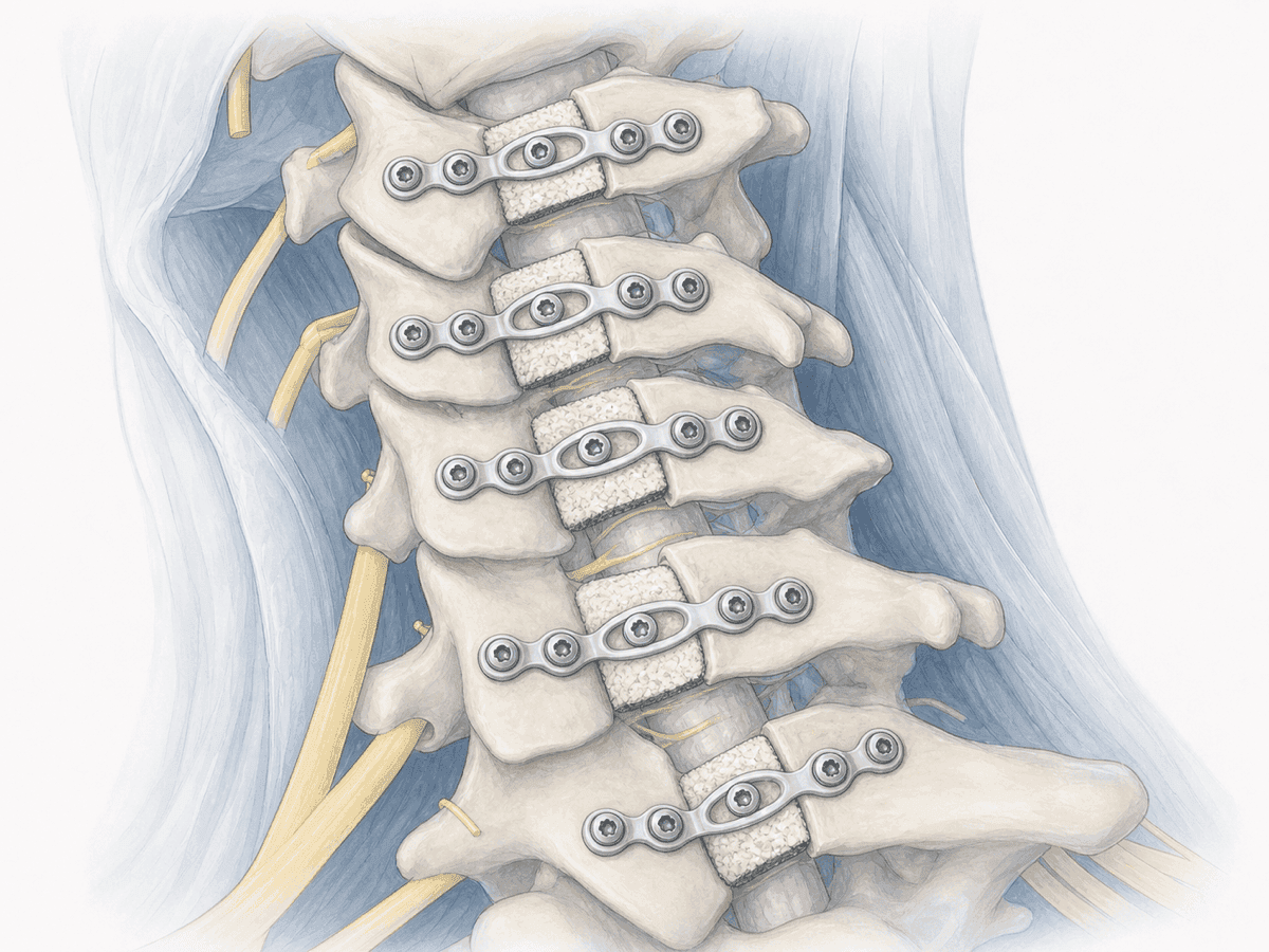Illustrated schematic of cervical laminoplasty to widen the spinal canal.