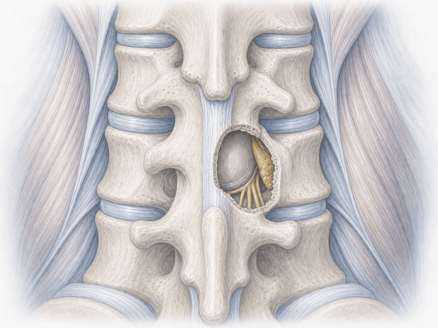 Ilustración de laminotomía lumbar: apertura parcial de la lámina preservando la apófisis espinosa para descomprimir un canal lumbar estenótico.