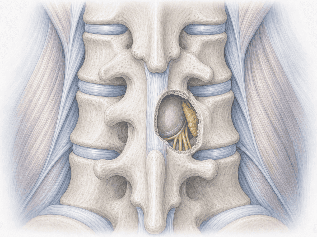 Ilustración de laminotomía lumbar: apertura parcial de la lámina preservando la apófisis espinosa para descomprimir un canal lumbar estenótico.