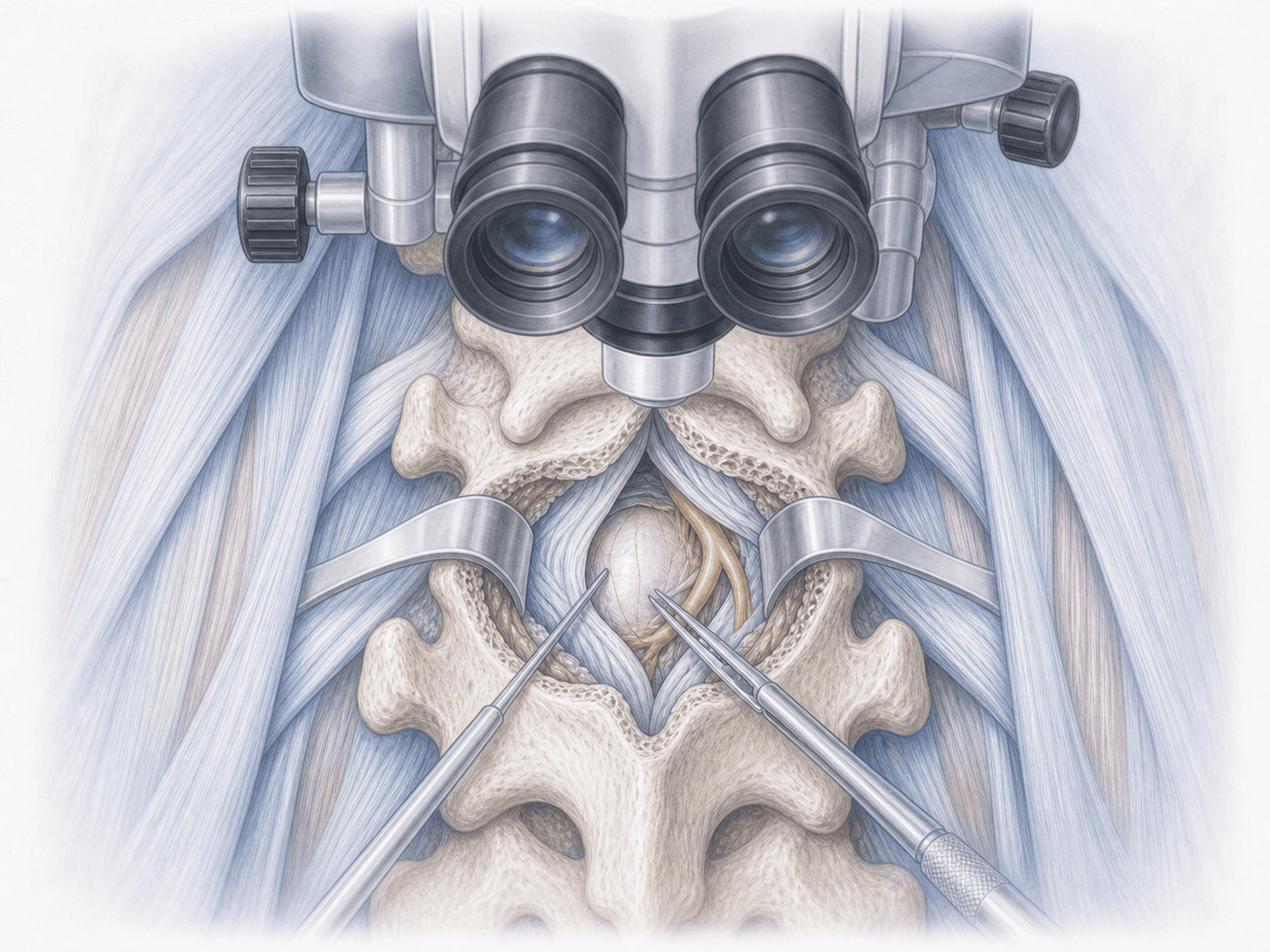 Stereoscopic surgical microscope positioned over the spinal field with magnified visualisation of nerve roots and dura mater.