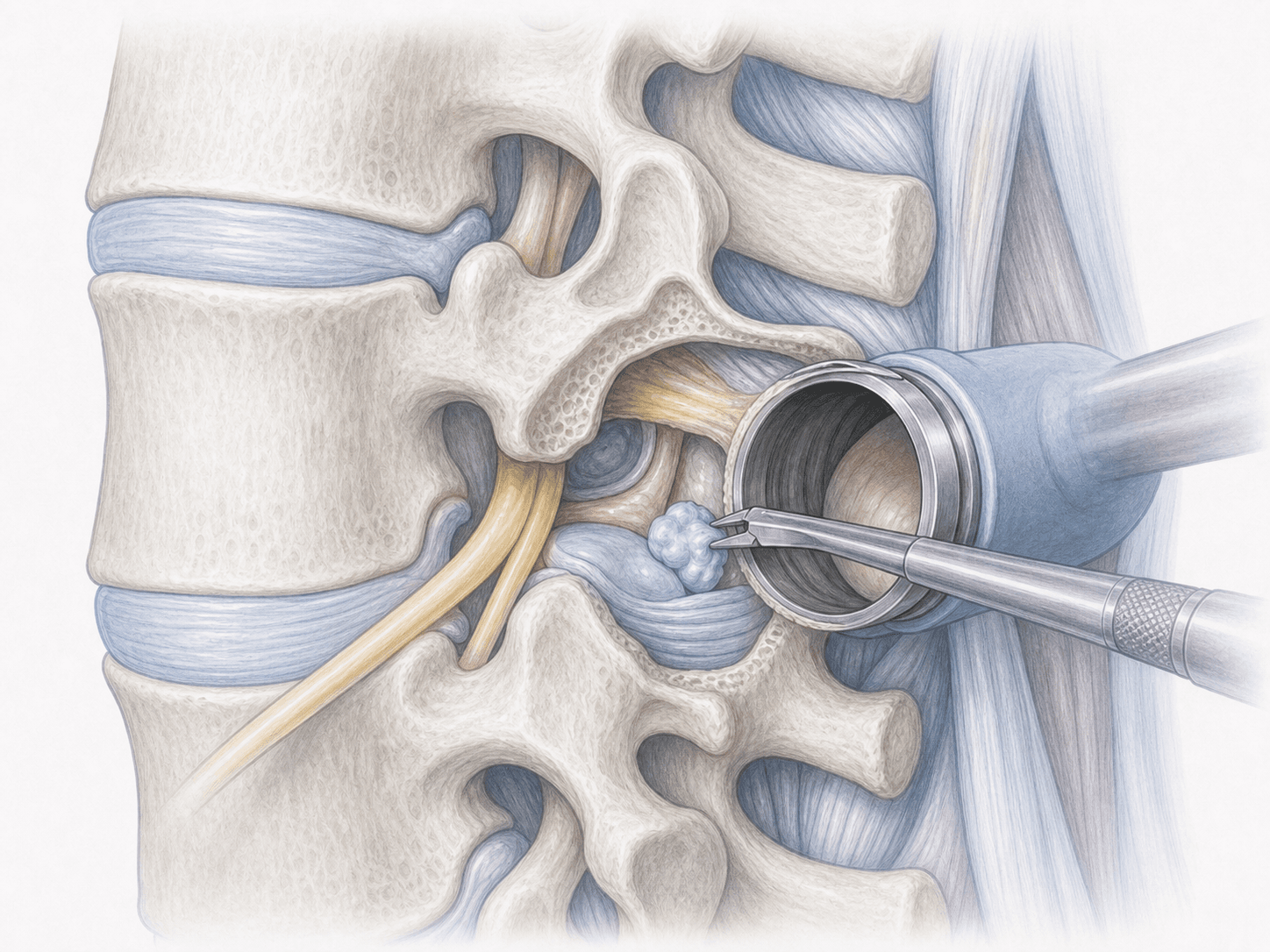 Lumbar microdiscectomy illustration: microsurgery with a tubular retractor removing an L5-S1 disc herniation fragment compressing the nerve root.
