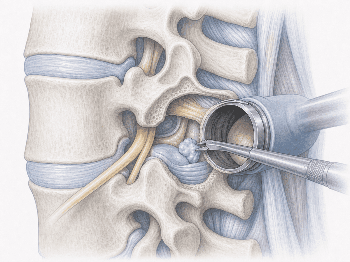 Lumbar microdiscectomy illustration: microsurgery with a tubular retractor removing an L5-S1 disc herniation fragment compressing the nerve root.