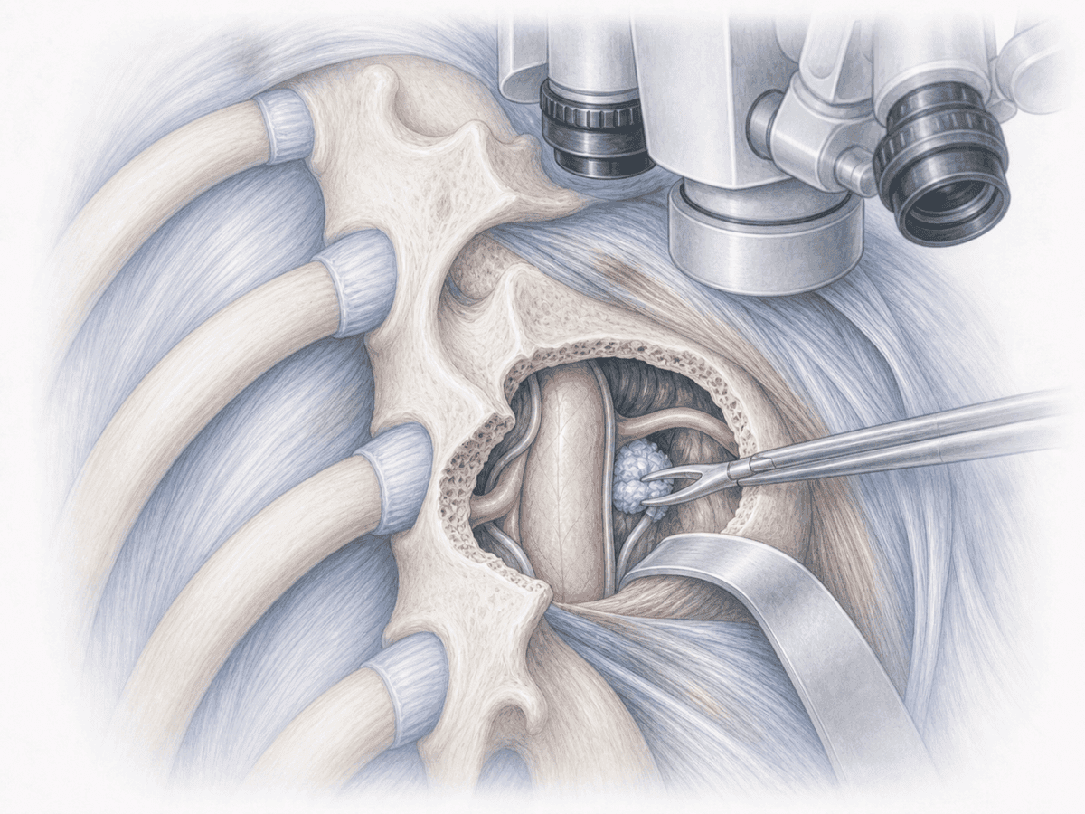 Thoracic microdiscectomy illustration: surgical microscope removing a lateral dorsal disc herniation through a facet-sparing posterolateral approach.
