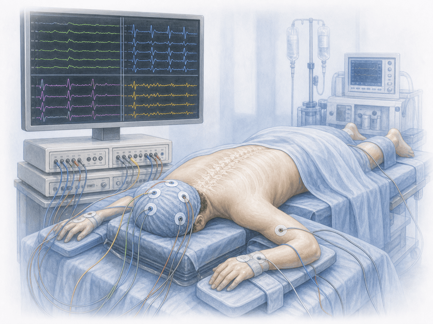 Illustration of intraoperative neurophysiological monitoring: scalp and limb electrodes with a neurophysiologist tracking MEP and SSEP signals on screen.