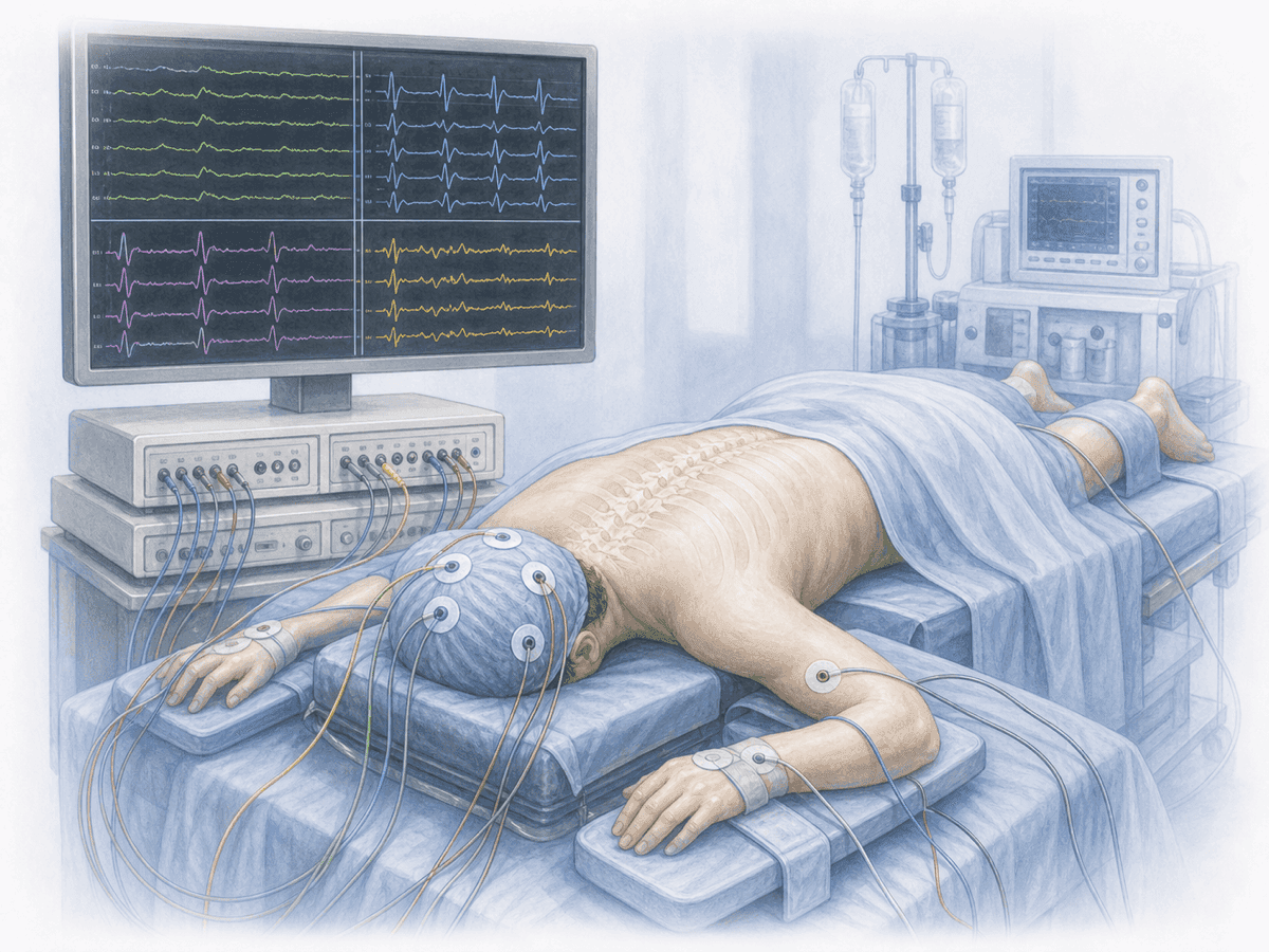 Ilustración de monitorización neurofisiológica intraoperatoria: electrodos en cuero cabelludo y extremidades, con neurofisiólogo vigilando MEP y SSEP en pantalla.