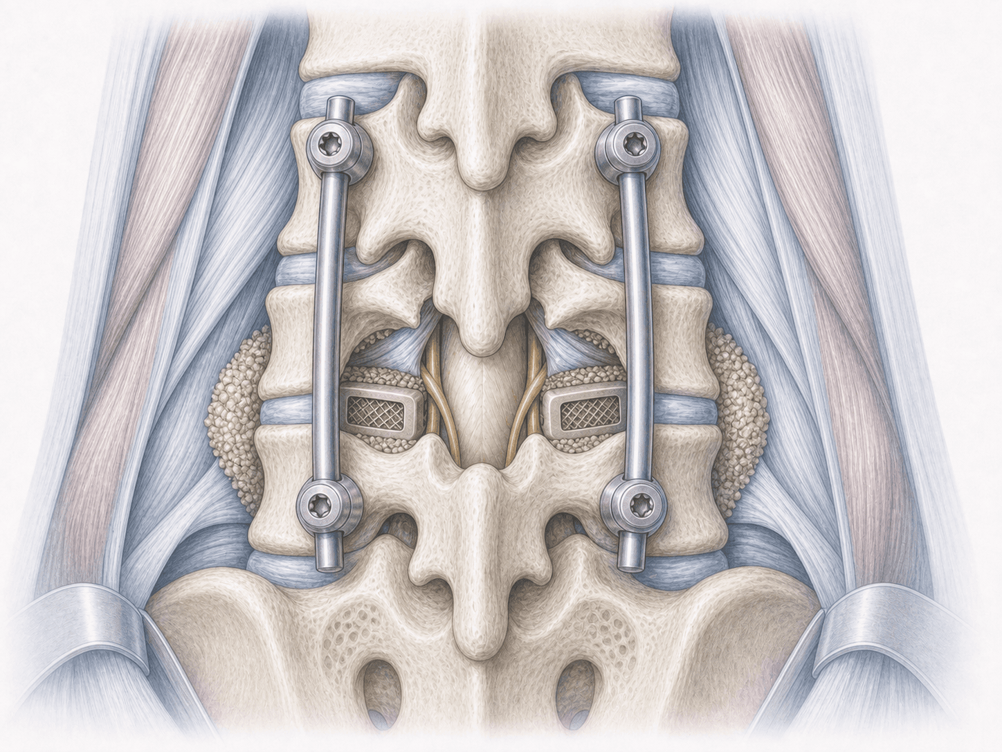 Illustration einer PLIF mit zwei interkorporellen Cages, Pedikelschrauben und Stäben, die das Segment von hinten stabilisieren.