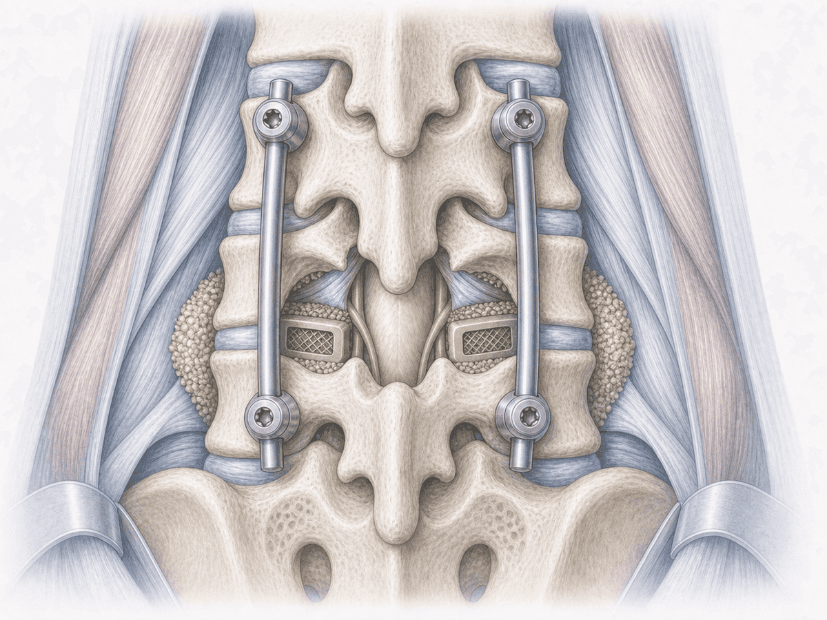 Ilustración de PLIF lumbar con dos cajas intersomáticas, tornillos pediculares y barras estabilizando el segmento por vía posterior.