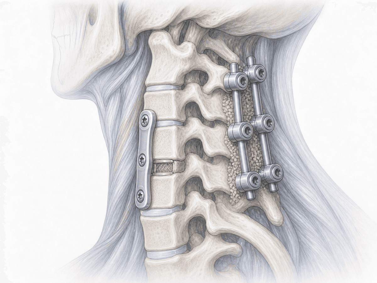 Ilustración de cirugía de revisión cervical con refuerzo posterior tras fusión anterior fallida y pseudoartrosis.