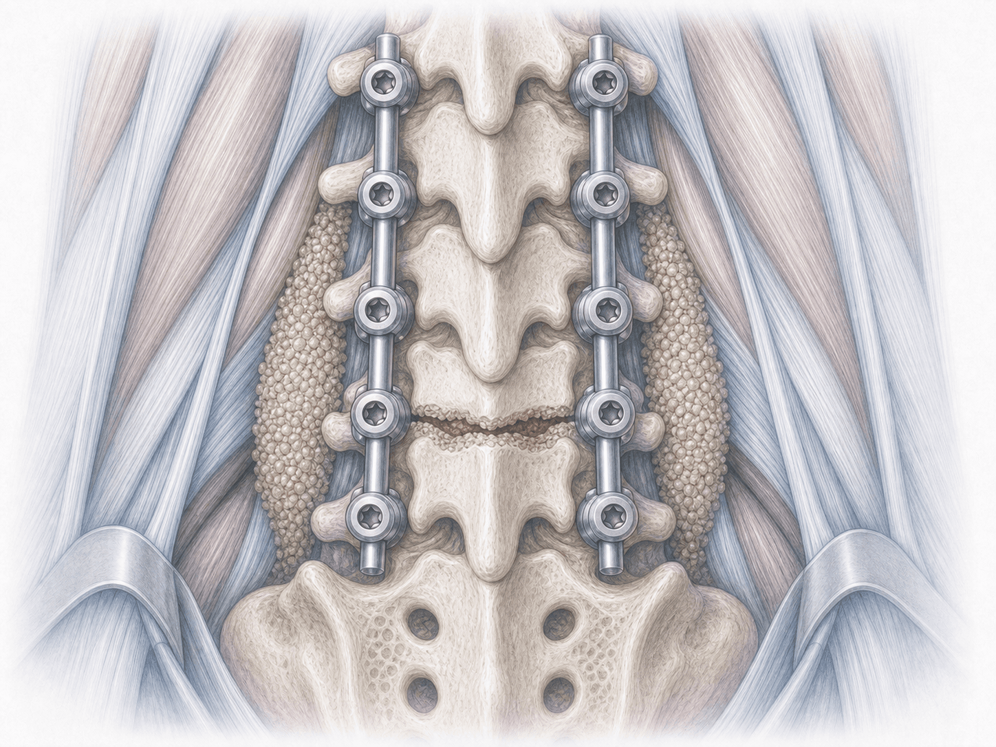 Illustration einer lumbalen Revisionsoperation mit hinterer Verstärkung, Re-Instrumentation mit Pedikelschrauben und Knochentransplantat nach fehlgeschlagener lumbaler Fusion mit Pseudarthrose.