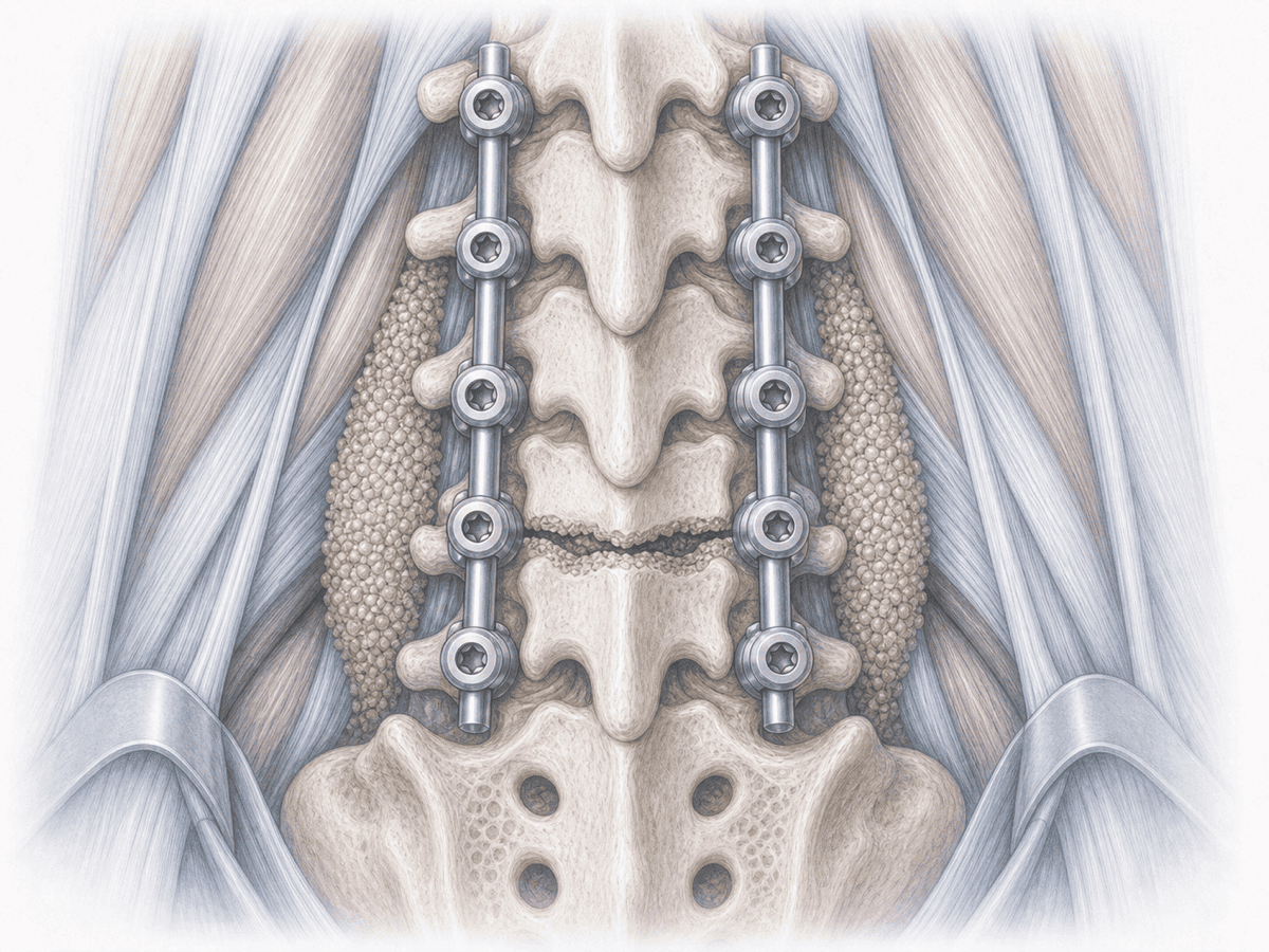 Illustration einer lumbalen Revisionsoperation mit hinterer Verstärkung, Re-Instrumentation mit Pedikelschrauben und Knochentransplantat nach fehlgeschlagener lumbaler Fusion mit Pseudarthrose.