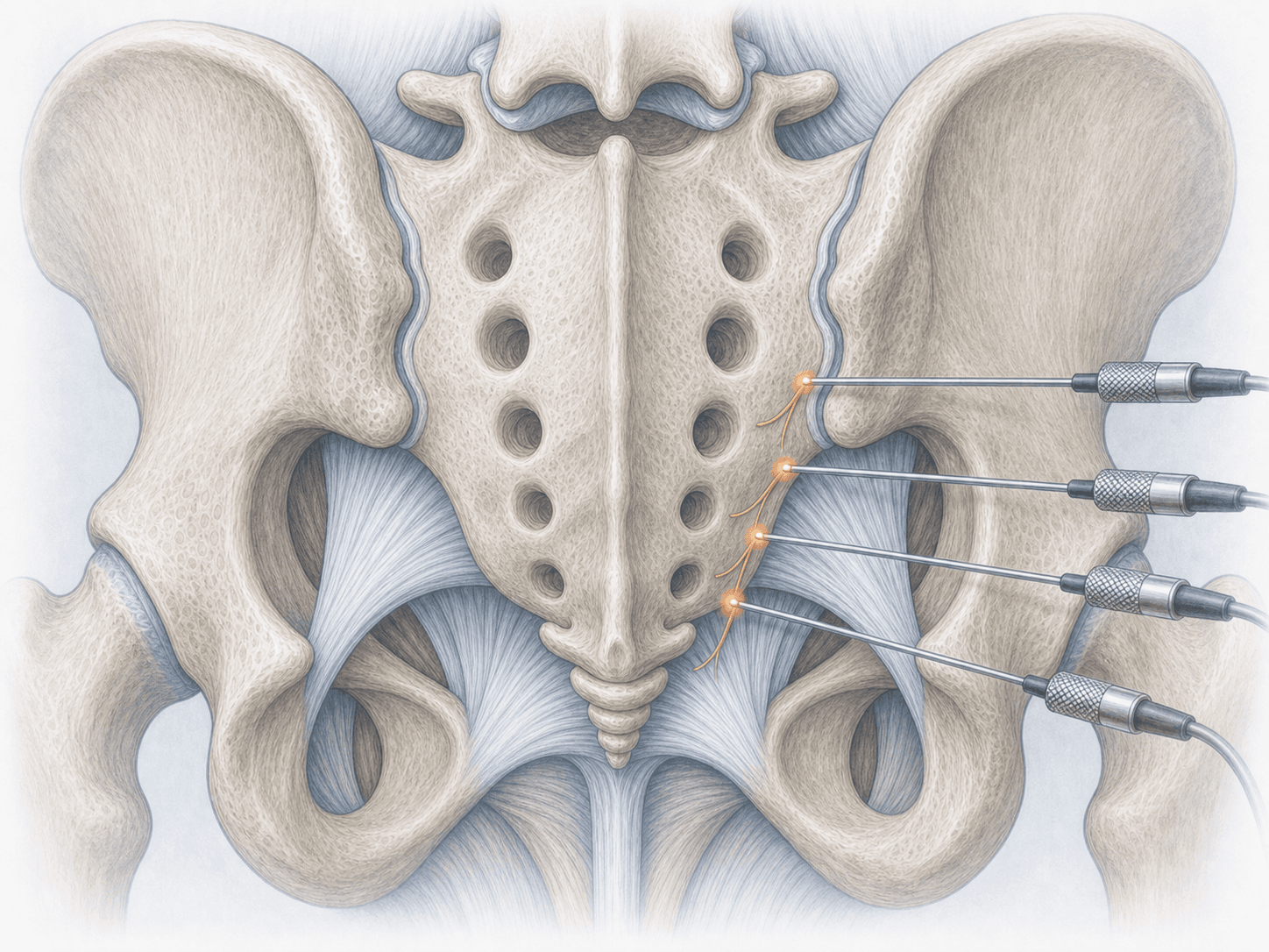 Ilustración de rizolisis sacroilíaca por radiofrecuencia con electrodos sobre los ramos sacros laterales bajo fluoroscopia.