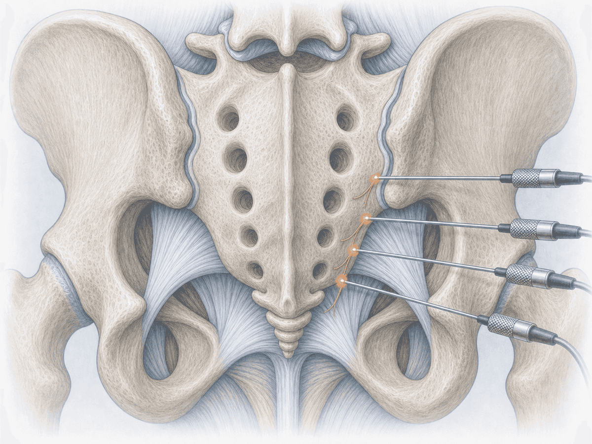 Ilustración de rizolisis sacroilíaca por radiofrecuencia con electrodos sobre los ramos sacros laterales bajo fluoroscopia.