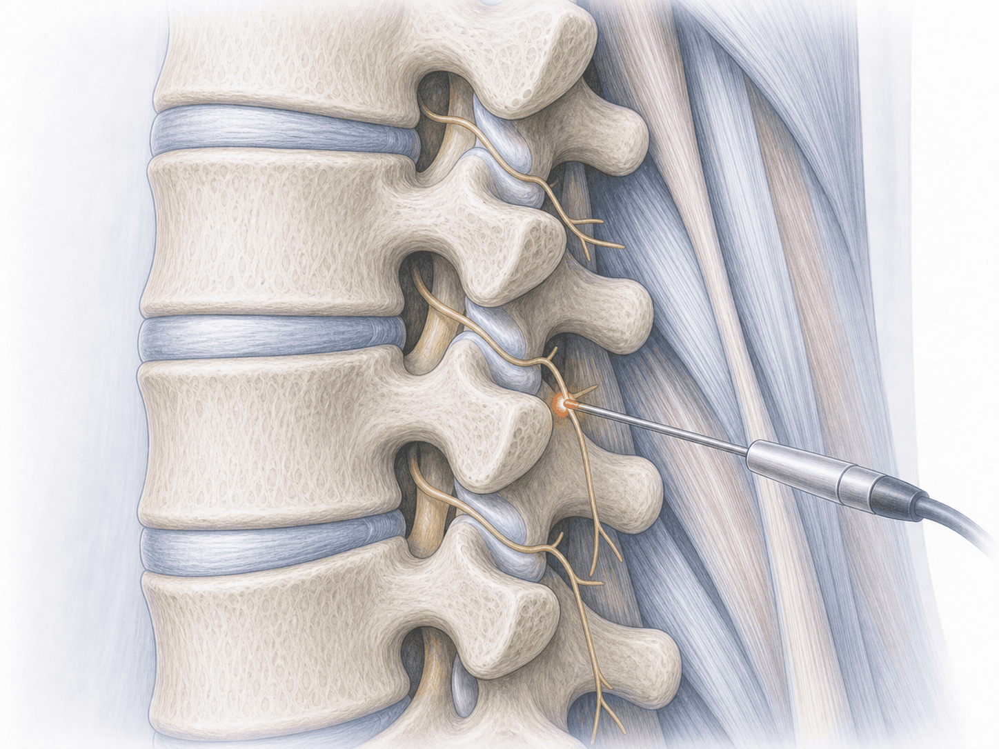 Ilustración de electrodo de radiofrecuencia denervando el ramo medial del ramo dorsal lumbar bajo guía de fluoroscopia.