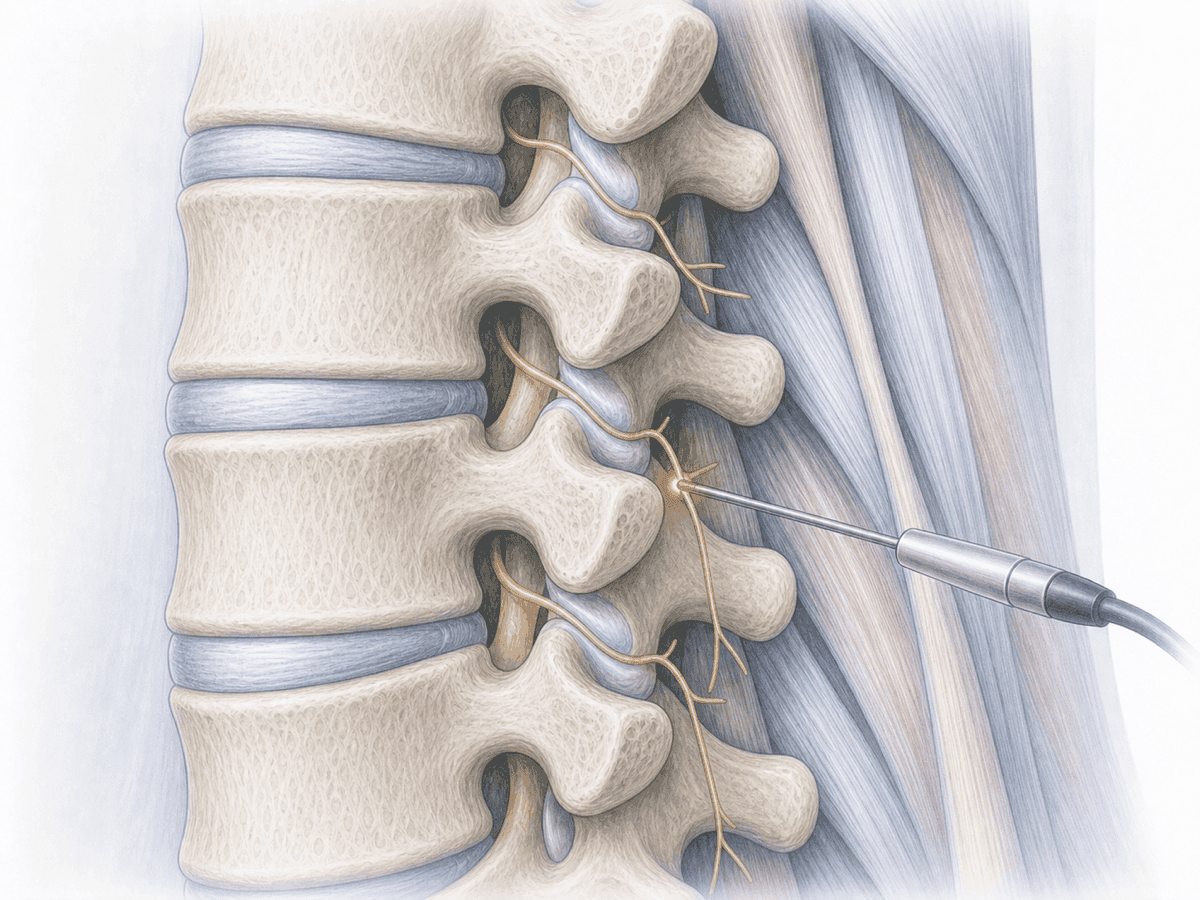 Ilustración de electrodo de radiofrecuencia denervando el ramo medial del ramo dorsal lumbar bajo guía de fluoroscopia.