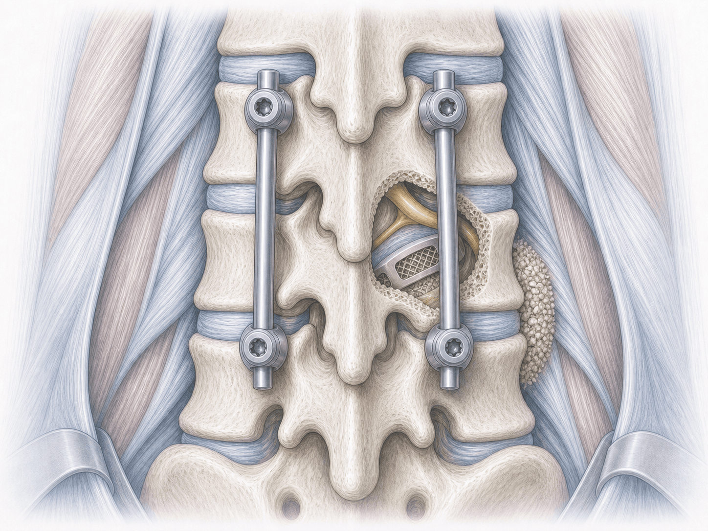 Illustration einer TLIF auf Höhe L4-L5 mit transforaminal eingebrachtem Cage und durch Stäbe verbundenen Pedikelschrauben.