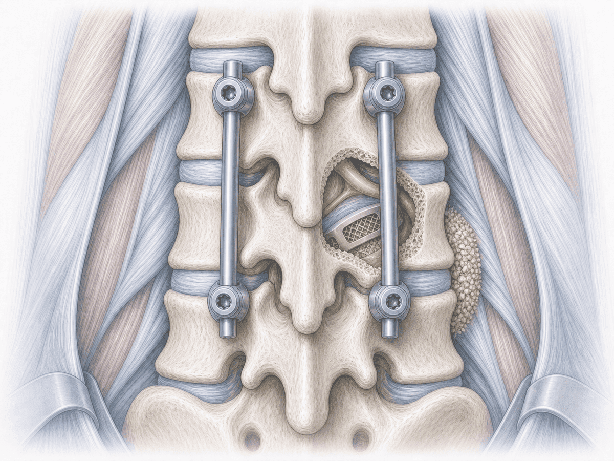 Ilustración de TLIF en L4-L5 con caja intersomática colocada por el foramen y tornillos pediculares unidos por barras.