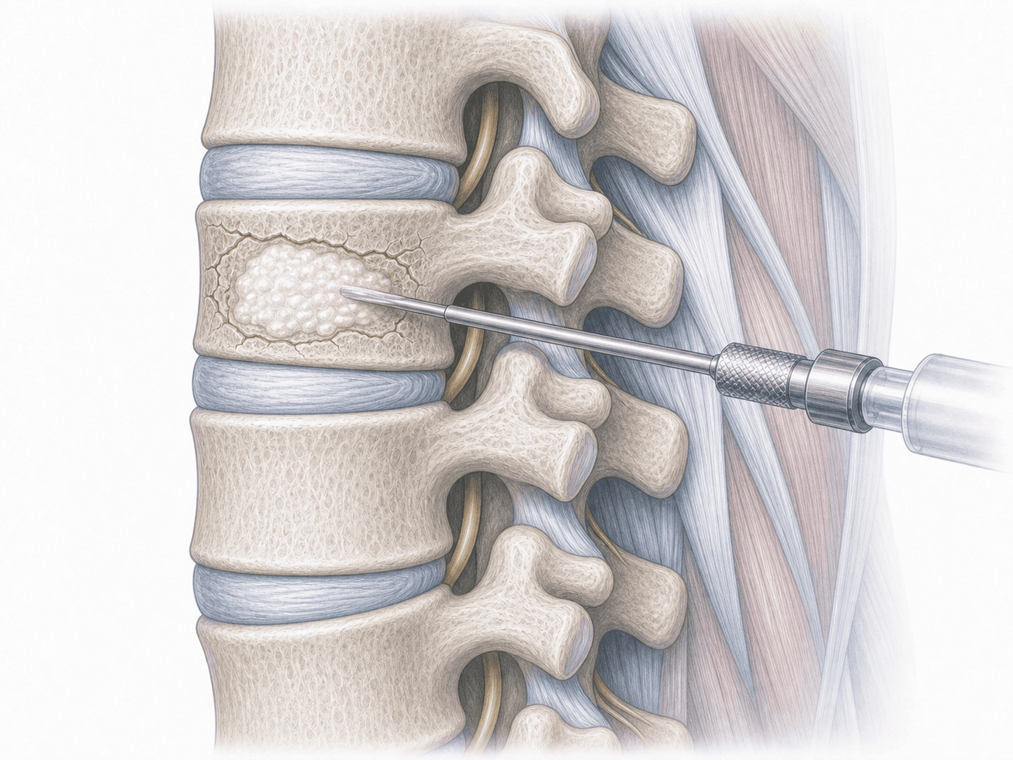 Ilustración de vertebroplastia: inyección percutánea de cemento PMMA en el cuerpo de una vértebra lumbar fracturada mediante trócar transpedicular.