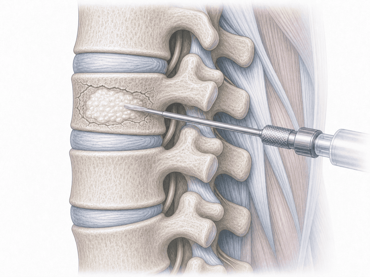 Ilustración de vertebroplastia: inyección percutánea de cemento PMMA en el cuerpo de una vértebra lumbar fracturada mediante trócar transpedicular.