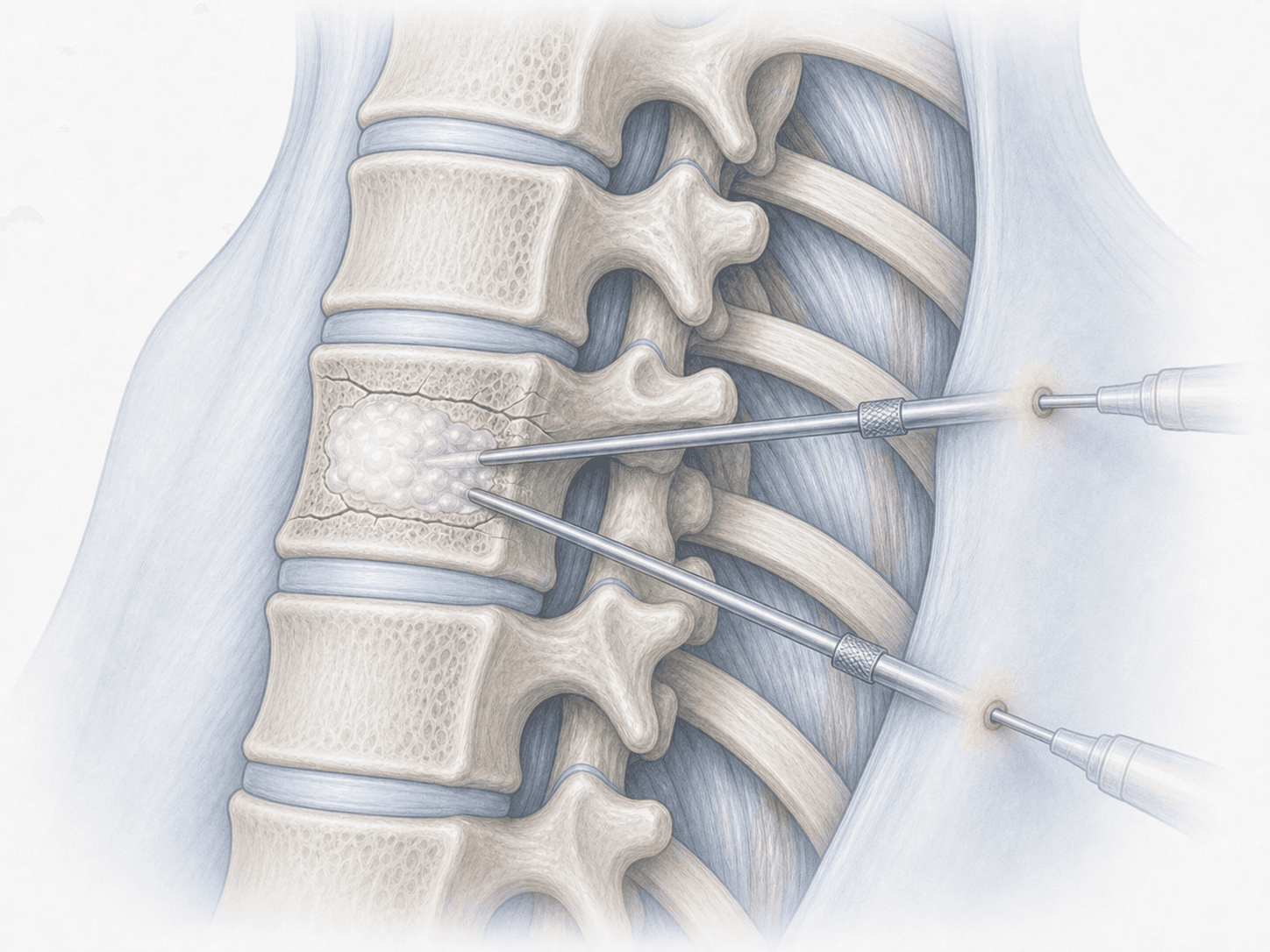 Illustration der thorakalen Vertebroplastie: perkutane Injektion von PMMA-Zement in den Körper eines frakturierten Brustwirbels über einen transpedikulären Trokar.