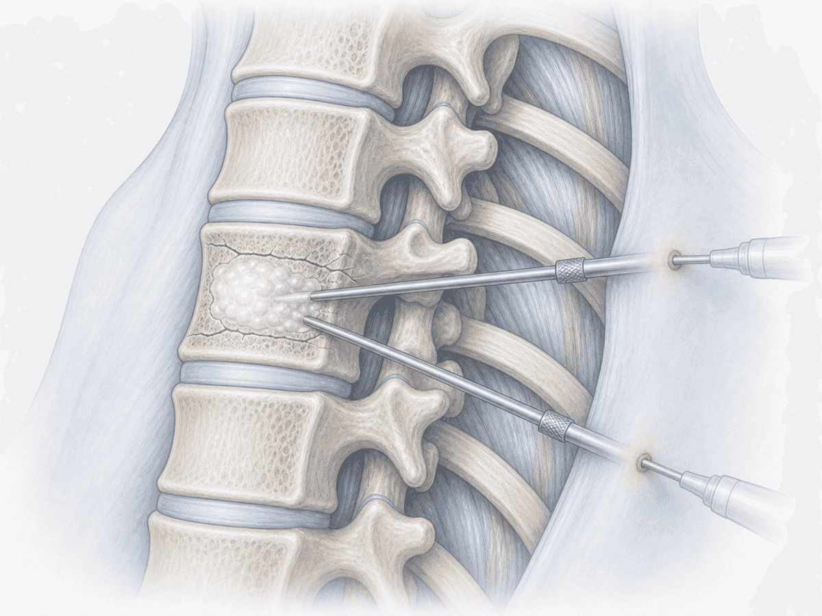 Illustration der thorakalen Vertebroplastie: perkutane Injektion von PMMA-Zement in den Körper eines frakturierten Brustwirbels über einen transpedikulären Trokar.