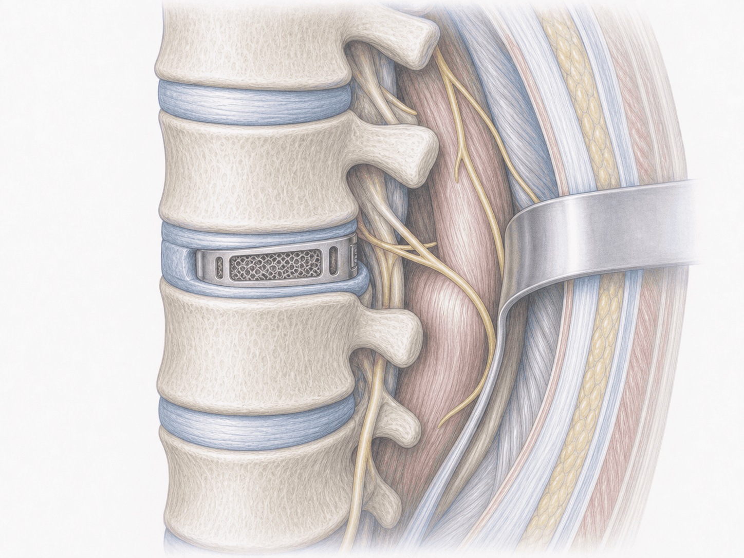 Illustration der lateralen lumbalen Fusion XLIF/LLIF/OLIF auf Höhe L3-L4 mit breitem intersomatischem Cage über den transpsoatischen lateralen Zugang.