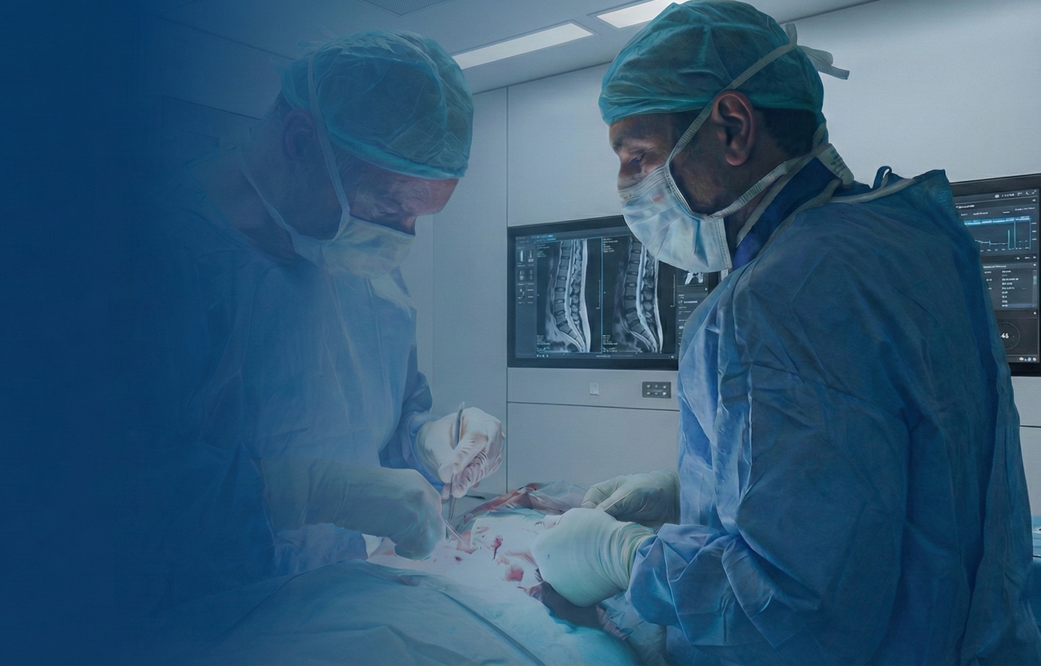 Dr. Karim Ben Ghezala realizando una cirugía de columna vertebral en quirófano